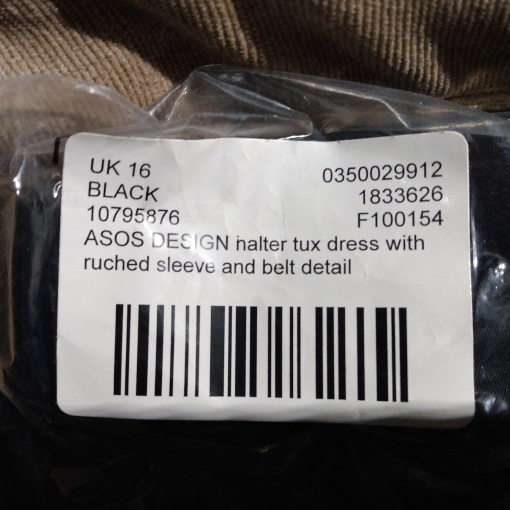 asos design black halter tux dress with ruched sleeve and belt detail size 12 - Picture 5 of 5